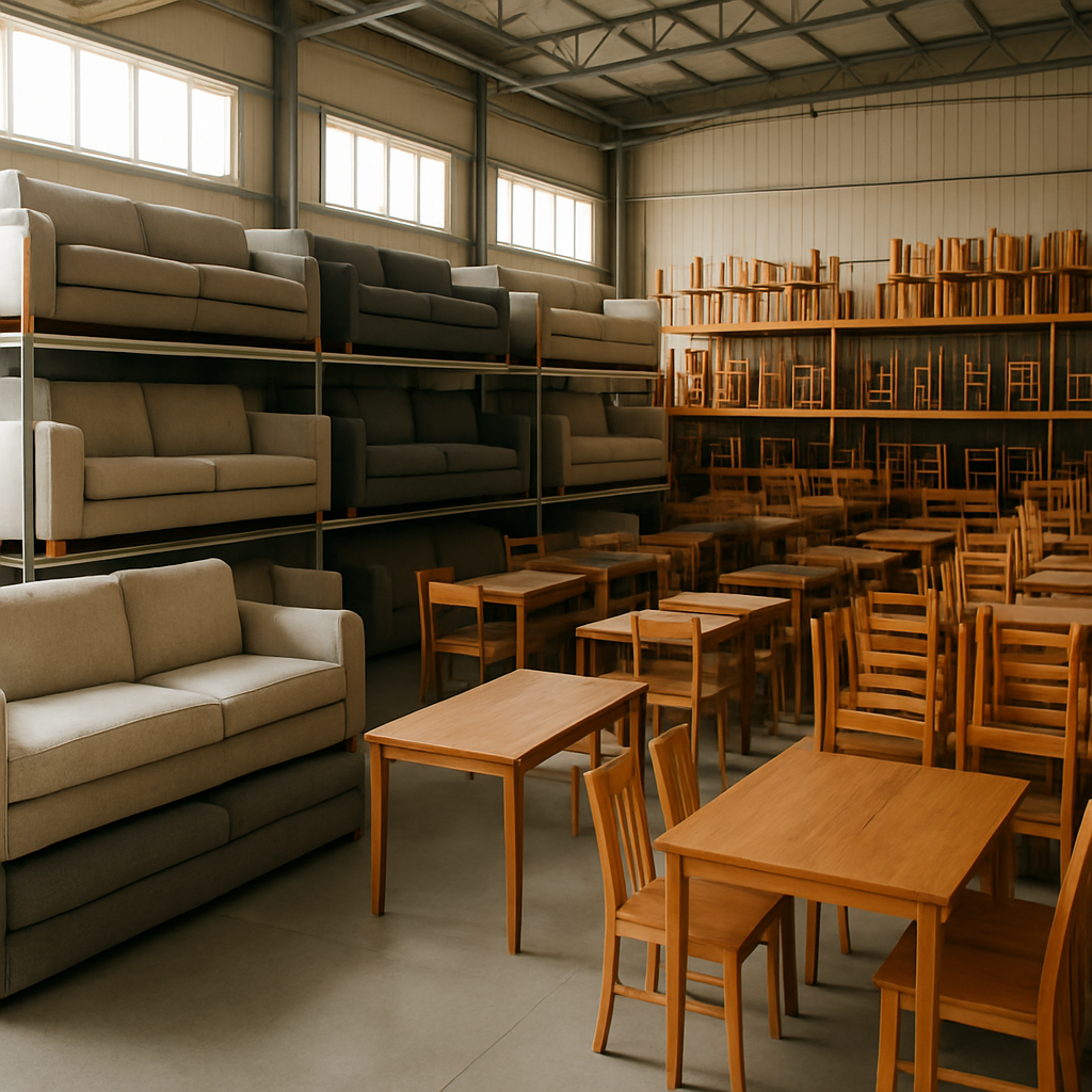 An organized furniture warehouse with overstock inventory